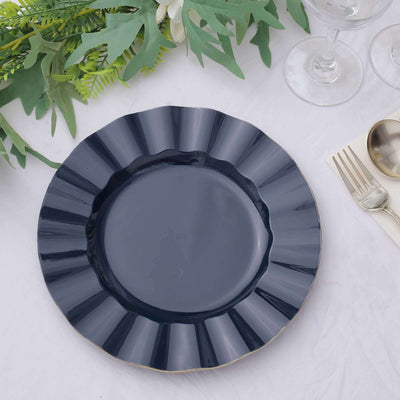 10-Pack Plastic Round Dinner Plates 9" Navy Blue Ruffled Rim with Gold Edging - Heavy Duty Disposable Dinnerware