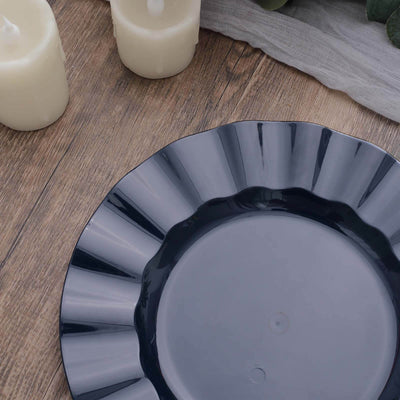 10-Pack Plastic Round Dinner Plates 9" Navy Blue Ruffled Rim with Gold Edging - Heavy Duty Disposable Dinnerware