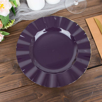 10-Pack Plastic Round Dinner Plates 9" Purple Ruffled Rim with Gold Edging - Heavy Duty Disposable Dinnerware