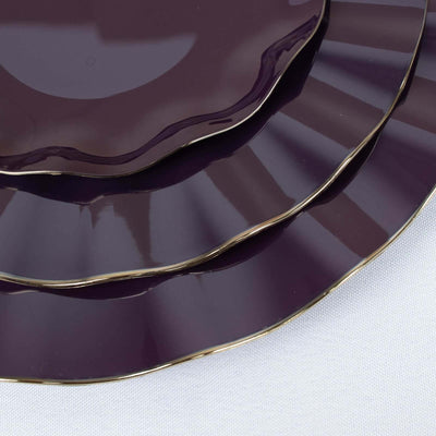 10-Pack Plastic Round Dinner Plates 9" Purple Ruffled Rim with Gold Edging - Heavy Duty Disposable Dinnerware