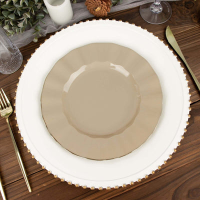 10-Pack Plastic Round Dinner Plates 9" Taupe Ruffled Rim with Gold Edging - Heavy Duty Disposable Dinnerware