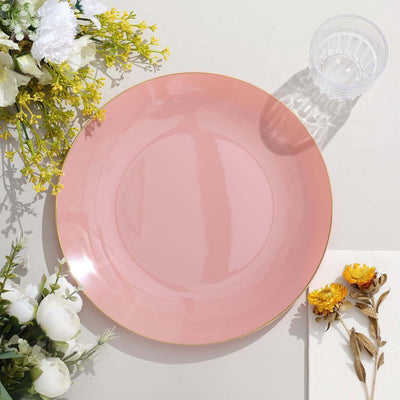 10-Pack Plastic Round Dinner Plates 10" Dusty Rose with Gold Rim - Glossy Disposable Party Plates