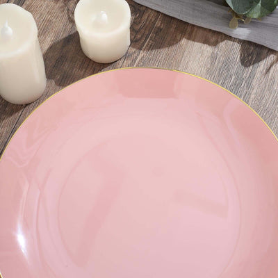10-Pack Plastic Round Dinner Plates 10" Dusty Rose with Gold Rim - Glossy Disposable Party Plates
