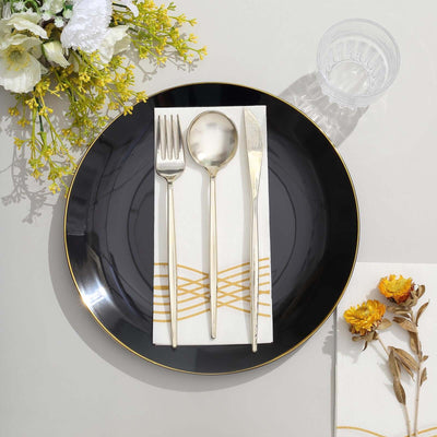 10-Pack Plastic Round Dinner Plates 10" Black with Gold Rim - Glossy Disposable Party Plates