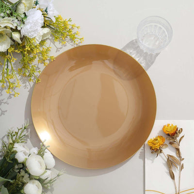 10-Pack Plastic Round Dinner Plates 10" Gold with Gold Rim - Glossy Disposable Party Plates