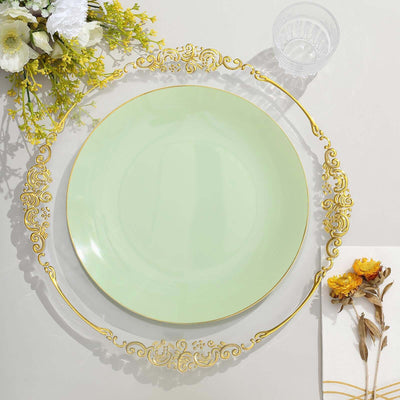 10-Pack Plastic Round Dinner Plates 10" Sage Green with Gold Rim - Glossy Disposable Party Plates