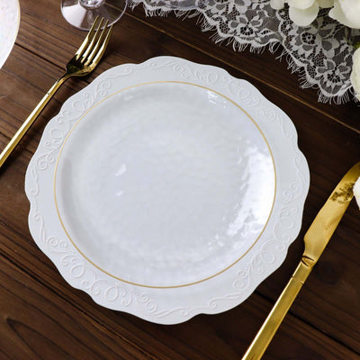 10-Pack Plastic Round Dessert Appetizer Plates 7" Clear Hammered Design with Gold Rim - Modern Disposable Salad Plates for Buffets & Catered Events