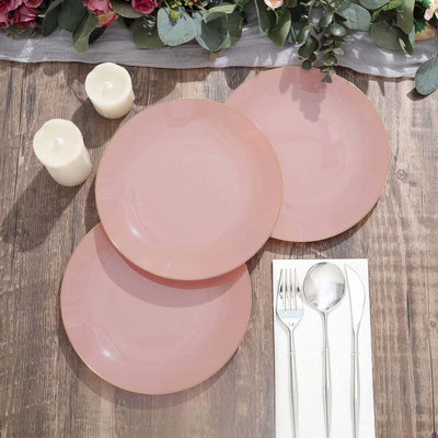 10-Pack Plastic Round Dessert Plates 8" Dusty Rose with Gold Rim - Glossy Disposable Appetizer Salad Plates