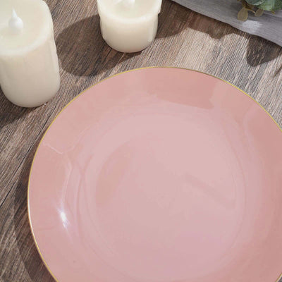 10-Pack Plastic Round Dessert Plates 8" Dusty Rose with Gold Rim - Glossy Disposable Appetizer Salad Plates