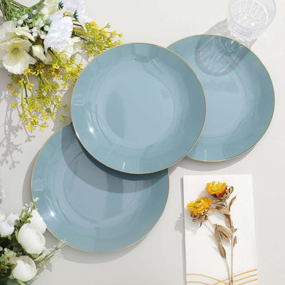10-Pack Plastic Round Dessert Plates 8" Dusty Blue with Gold Rim - Glossy Disposable Appetizer Salad Plates