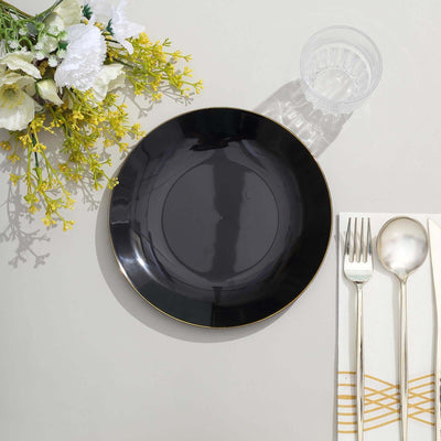 10-Pack Plastic Round Dessert Plates 8" Black with Gold Rim - Glossy Disposable Appetizer Salad Plates