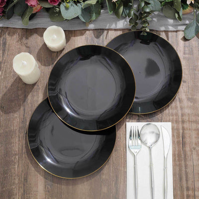 10-Pack Plastic Round Dessert Plates 8" Black with Gold Rim - Glossy Disposable Appetizer Salad Plates