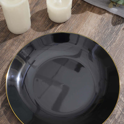 10-Pack Plastic Round Dessert Plates 8" Black with Gold Rim - Glossy Disposable Appetizer Salad Plates