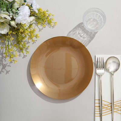 10-Pack Plastic Round Dessert Plates 8" Gold with Gold Rim - Glossy Disposable Appetizer Salad Plates