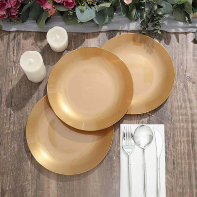 10-Pack Plastic Round Dessert Plates 8" Gold with Gold Rim - Glossy Disposable Appetizer Salad Plates