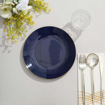 10-Pack Plastic Round Dessert Plates 8" Navy Blue with Gold Rim - Glossy Disposable Appetizer Salad Plates