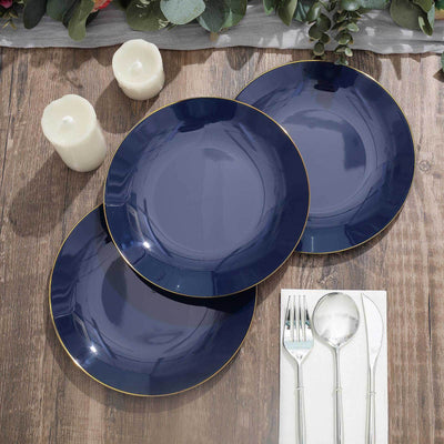10-Pack Plastic Round Dessert Plates 8" Navy Blue with Gold Rim - Glossy Disposable Appetizer Salad Plates