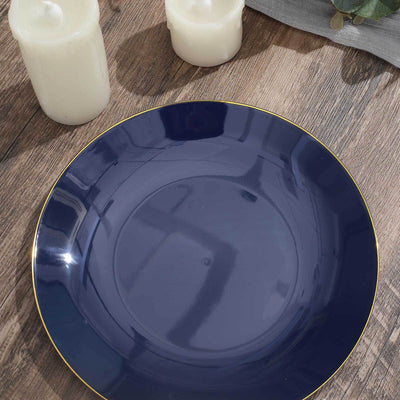 10-Pack Plastic Round Dessert Plates 8" Navy Blue with Gold Rim - Glossy Disposable Appetizer Salad Plates