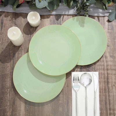 10-Pack Plastic Round Dessert Plates 8" Sage Green with Gold Rim - Glossy Disposable Appetizer Salad Plates