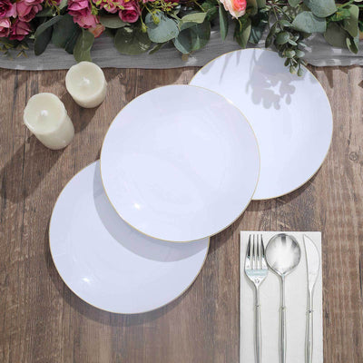 10-Pack Plastic Round Dessert Plates 8" White with Gold Rim - Glossy Disposable Appetizer Salad Plates for Weddings & Celebrations