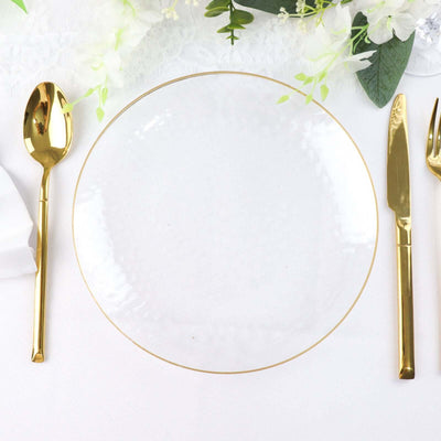 10-Pack Plastic Round Dinner Plates 9" Clear Hammered Design with Gold Rim - Modern Disposable Party Plates