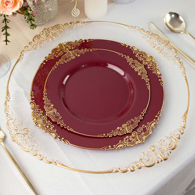 10-Pack Plastic Round Dinner Plates 10" Burgundy with Gold Leaf Embossed Rim - Vintage Baroque Style Disposable Plates
