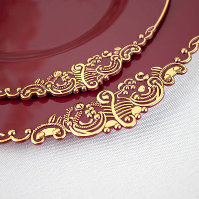 10-Pack Plastic Round Dinner Plates 10" Burgundy with Gold Leaf Embossed Rim - Vintage Baroque Style Disposable Plates