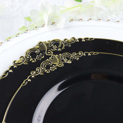 10-Pack Plastic Round Dinner Plates 10" Black with Gold Leaf Embossed Rim - Vintage Baroque Style Disposable Plates for Upscale Dining & Special Events