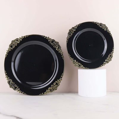 10-Pack Plastic Round Dinner Plates 10" Black with Gold Leaf Embossed Rim - Vintage Baroque Style Disposable Plates for Upscale Dining & Special Events