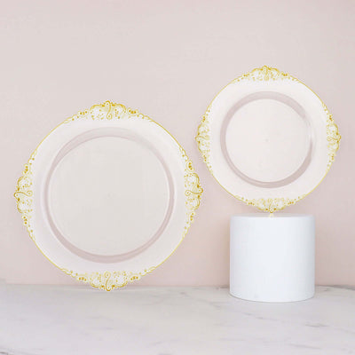 10-Pack Plastic Round Dinner Plates 10" Clear with Gold Leaf Embossed Rim - Vintage Baroque Style Disposable Plates