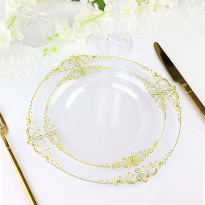 10-Pack Plastic Round Dinner Plates 10" Clear with Gold Leaf Embossed Rim - Vintage Baroque Style Disposable Plates