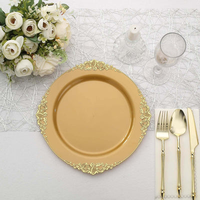 10-Pack Plastic Round Dinner Plates 10" Gold with Leaf Embossed Rim - Vintage Baroque Style Disposable Plates for Upscale Dining & Special Events