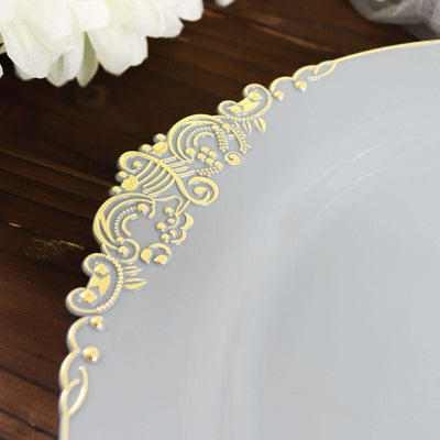 10-Pack Plastic Round Dinner Plates 10" Gray with Gold Leaf Embossed Rim - Vintage Baroque Style Disposable Plates