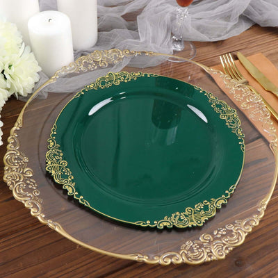 10-Pack Plastic Round Dinner Plates 10" Hunter Emerald Green with Gold Leaf Embossed Rim - Vintage Baroque Style Disposable Plates