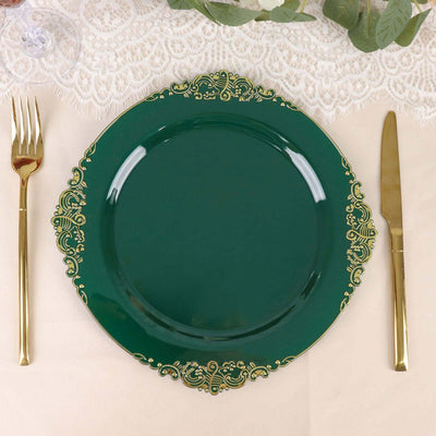 10-Pack Plastic Round Dinner Plates 10" Hunter Emerald Green with Gold Leaf Embossed Rim - Vintage Baroque Style Disposable Plates