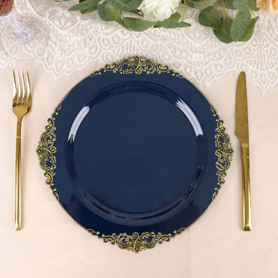 10-Pack Plastic Round Dinner Plates 10" Navy Blue with Gold Leaf Embossed Rim - Vintage Baroque Style Disposable Plates
