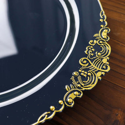 10-Pack Plastic Round Dinner Plates 10" Navy Blue with Gold Leaf Embossed Rim - Vintage Baroque Style Disposable Plates
