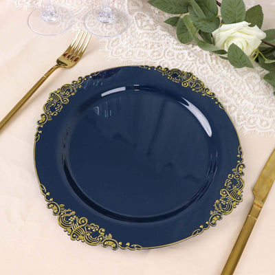 10-Pack Plastic Round Dinner Plates 10" Navy Blue with Gold Leaf Embossed Rim - Vintage Baroque Style Disposable Plates