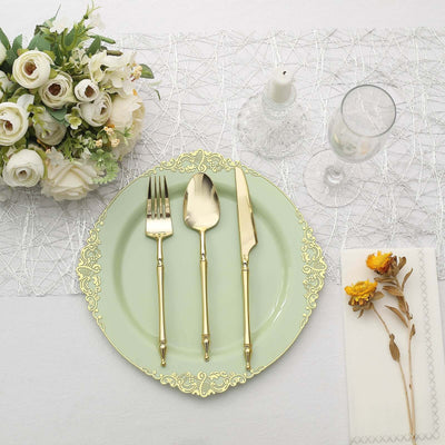 10-Pack Plastic Round Dinner Plates 10" Sage Green with Gold Leaf Embossed Rim - Vintage Baroque Style Disposable Plates