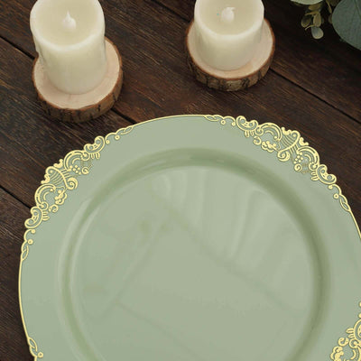 10-Pack Plastic Round Dinner Plates 10" Sage Green with Gold Leaf Embossed Rim - Vintage Baroque Style Disposable Plates