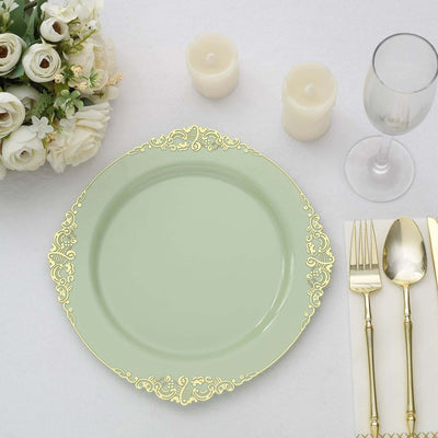10-Pack Plastic Round Dinner Plates 10" Sage Green with Gold Leaf Embossed Rim - Vintage Baroque Style Disposable Plates