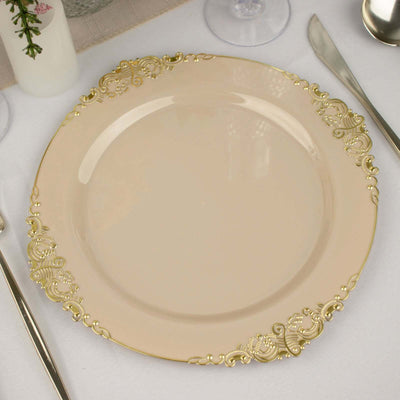 10-Pack Plastic Round Dinner Plates 10" Taupe with Gold Leaf Embossed Rim - Vintage Baroque Style Disposable Plates