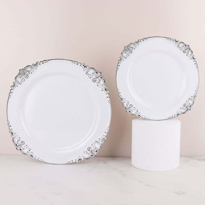 10-Pack Plastic Round Dinner Plates 10" White with Silver Leaf Embossed Rim - Vintage Baroque Style Disposable Plates