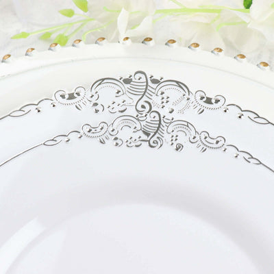 10-Pack Plastic Round Dinner Plates 10" White with Silver Leaf Embossed Rim - Vintage Baroque Style Disposable Plates