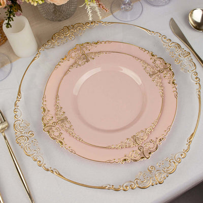 10-Pack Plastic Round Dessert Plates 8" Blush with Gold Leaf Embossed Rim - Vintage Baroque Style Disposable Salad Plates