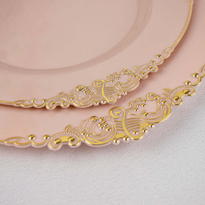 10-Pack Plastic Round Dessert Plates 8" Blush with Gold Leaf Embossed Rim - Vintage Baroque Style Disposable Salad Plates