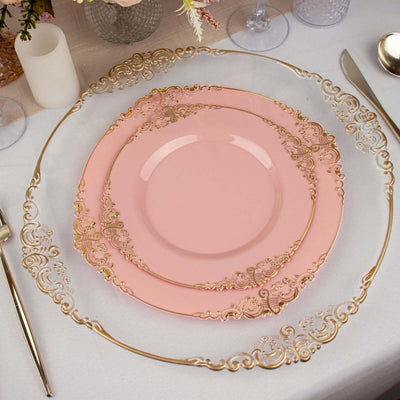 10-Pack Plastic Round Dessert Plates 8" Dusty Rose with Gold Leaf Embossed Rim - Vintage Baroque Style Disposable Salad Plates