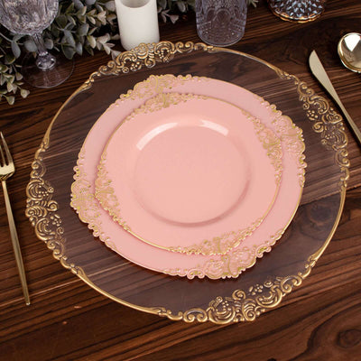 10-Pack Plastic Round Dessert Plates 8" Dusty Rose with Gold Leaf Embossed Rim - Vintage Baroque Style Disposable Salad Plates