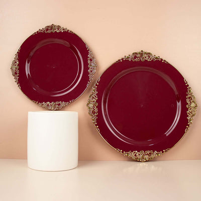 10-Pack Plastic Round Dessert Plates 8" Burgundy with Gold Leaf Embossed Rim - Vintage Baroque Style Disposable Salad Plates