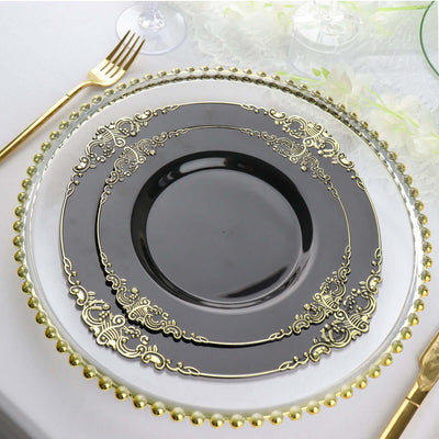 10-Pack Plastic Round Dessert Plates 8" Black with Gold Leaf Embossed Rim - Vintage Baroque Style Disposable Salad Plates for Upscale Dining & Special Events